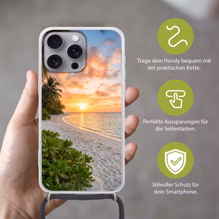Strand - Zonsondergang - Palmbomen - Tropisch - Natuur Hoesje iPhone 16 Pro Max met koord klein -sfeer2_DE