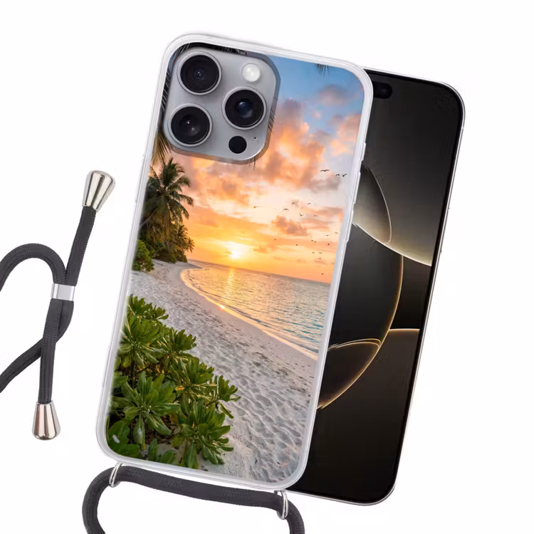 Strand - Zonsondergang - Palmbomen - Tropisch - Natuur Hoesje iPhone 16 Pro Max met koord klein -sfeer1