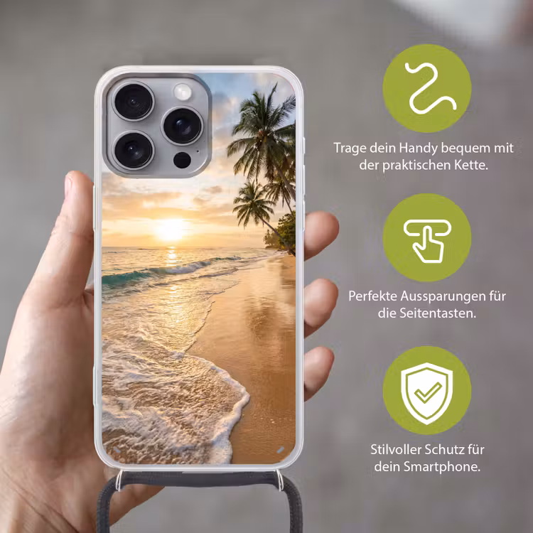 Strand - Zonsondergang - Tropisch - Natuur - Goud Hoesje iPhone 16 Pro Max met koord klein -sfeer2_DE
