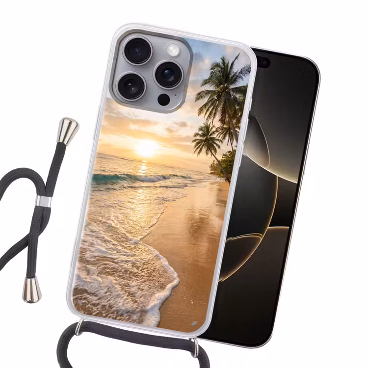 Strand - Zonsondergang - Tropisch - Natuur - Goud Hoesje iPhone 16 Pro Max met koord klein -sfeer1