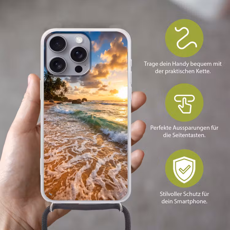 Strand - Zonsondergang - Golven - Natuur - Goud Hoesje iPhone 16 Pro Max met koord klein -sfeer2_DE