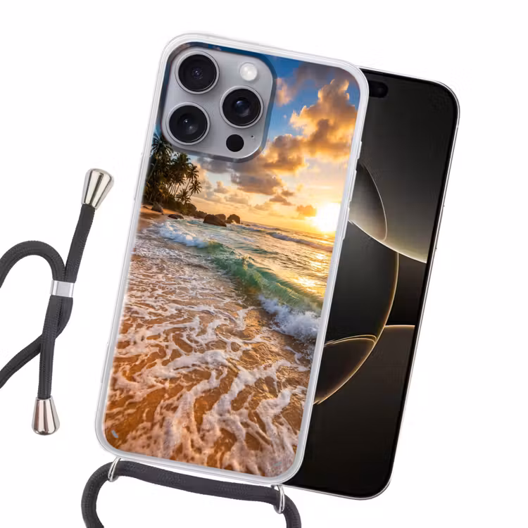 Strand - Zonsondergang - Golven - Natuur - Goud Hoesje iPhone 16 Pro Max met koord klein -sfeer1