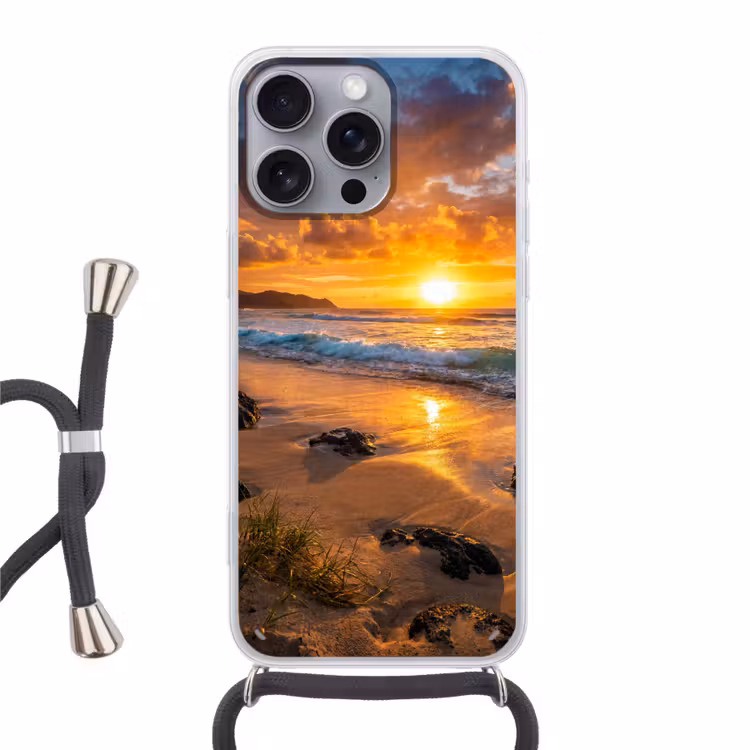 Strand - Zonsondergang - Golven - Natuur - Oranje Hoesje iPhone 16 Pro Max met koord klein -3d