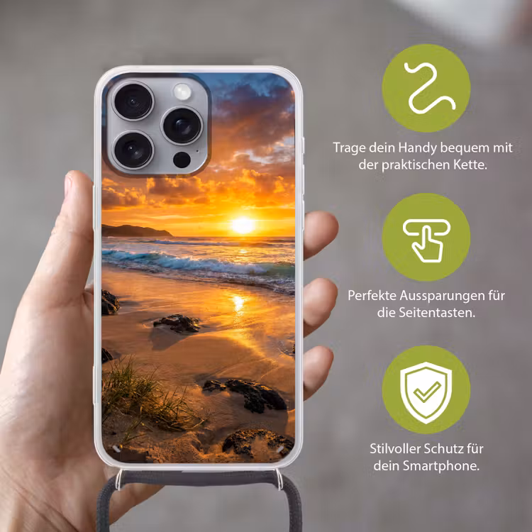 Strand - Zonsondergang - Golven - Natuur - Oranje Hoesje iPhone 16 Pro Max met koord klein -sfeer2_DE