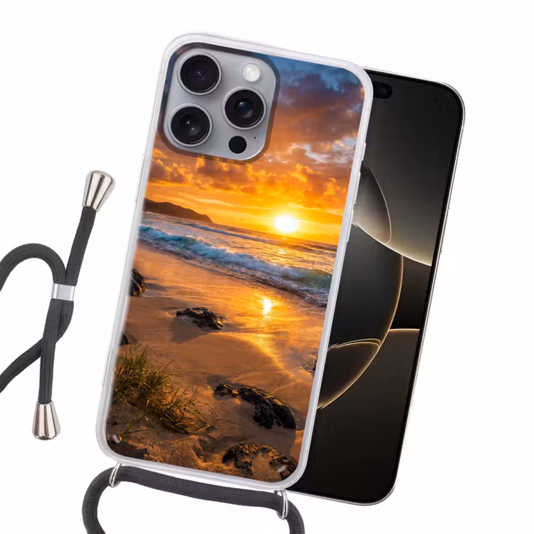 Strand - Zonsondergang - Golven - Natuur - Oranje Hoesje iPhone 16 Pro Max met koord klein -sfeer1
