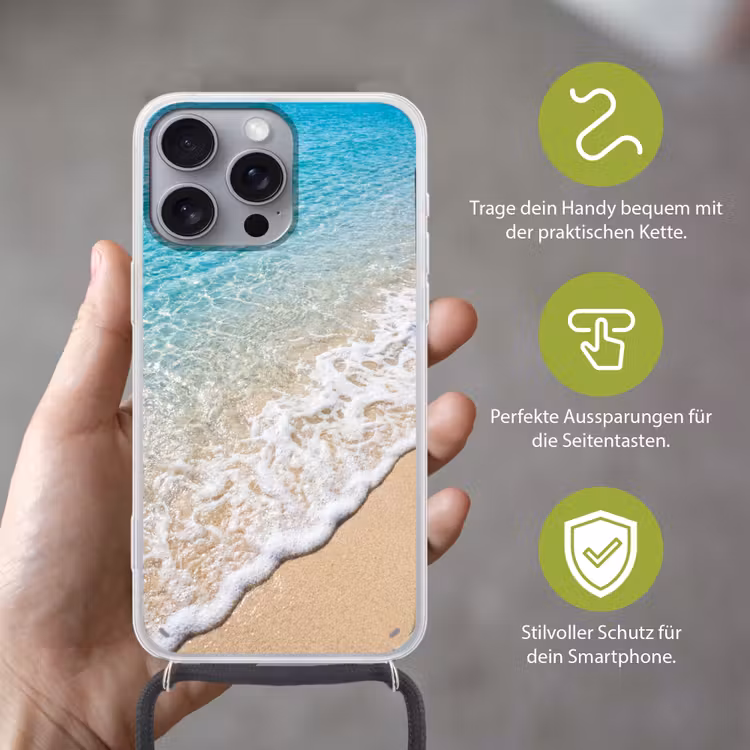 Strand - Water - Natuur - Blauw - Beige Hoesje iPhone 16 Pro Max met koord klein -sfeer2_DE