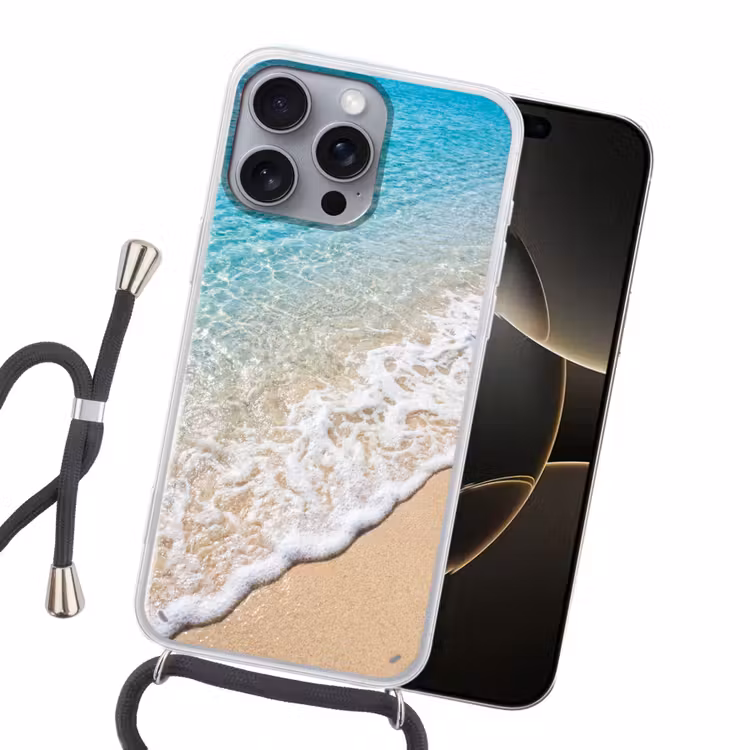 Strand - Water - Natuur - Blauw - Beige Hoesje iPhone 16 Pro Max met koord klein -sfeer1