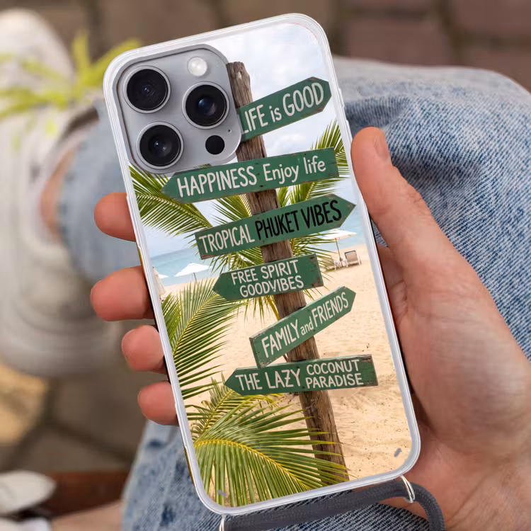 Strand - Wegwijzer - Palmen - Tropisch - Groen Hoesje iPhone 16 Pro Max met koord klein -sfeer3