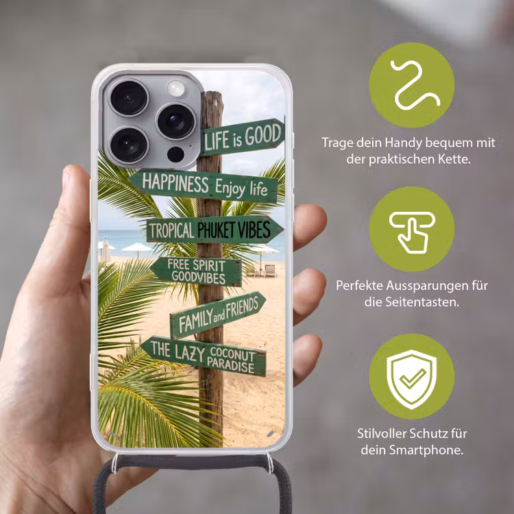 Strand - Wegwijzer - Palmen - Tropisch - Groen Hoesje iPhone 16 Pro Max met koord klein -sfeer2_DE