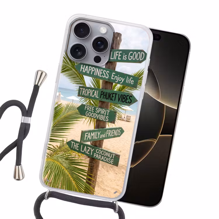 Strand - Wegwijzer - Palmen - Tropisch - Groen Hoesje iPhone 16 Pro Max met koord klein -sfeer1