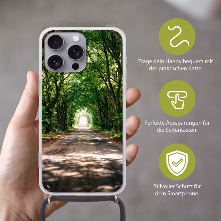 Weg - Bomen - Natuur - Groen Hoesje iPhone 16 Pro Max met koord klein -sfeer2_DE