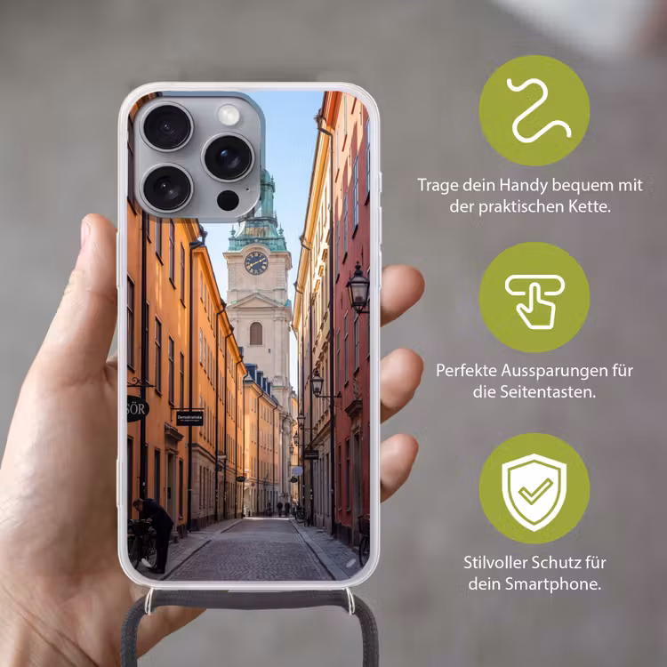 Straat - Klokkentoren - Stad - Architectuur - Historisch Hoesje iPhone 16 Pro Max met koord klein -sfeer2_DE