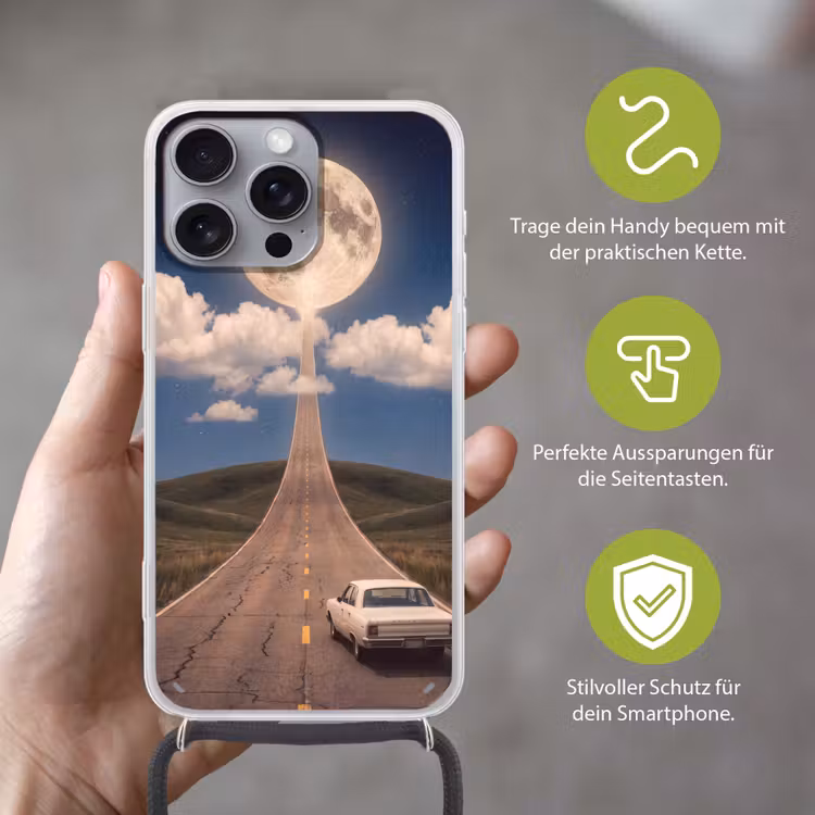 Handyhülle mit Band - Straße – Mond – Nacht - Weg - Maan - Nacht Hoesje iPhone 16 Pro Max met koord klein