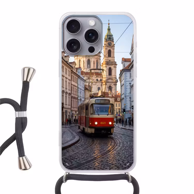 Tram - Straat - Stadsgezicht - Klassiek - Rood Hoesje iPhone 16 Pro Max met koord klein -3d