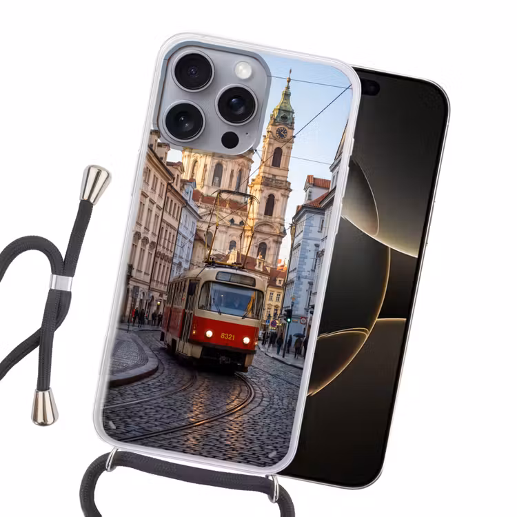Tram - Straat - Stadsgezicht - Klassiek - Rood Hoesje iPhone 16 Pro Max met koord klein -sfeer1