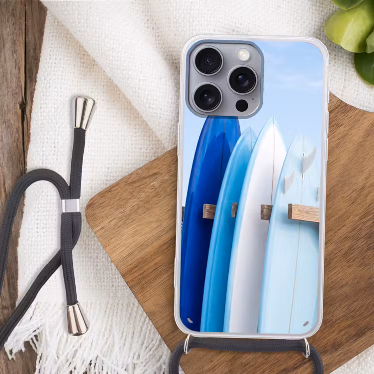 Surfplank - Strand - Zomer - Blauw - Water Hoesje iPhone 16 Pro Max met koord klein -sfeer4