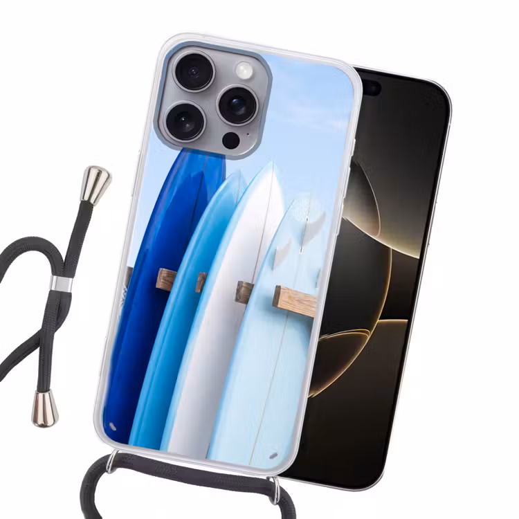 Surfplank - Strand - Zomer - Blauw - Water Hoesje iPhone 16 Pro Max met koord klein -sfeer1