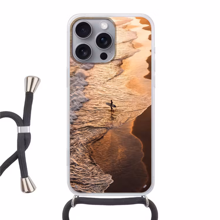 Surfer - Strand - Zonsondergang - Oceaan - Goud Hoesje iPhone 16 Pro Max met koord klein -3d