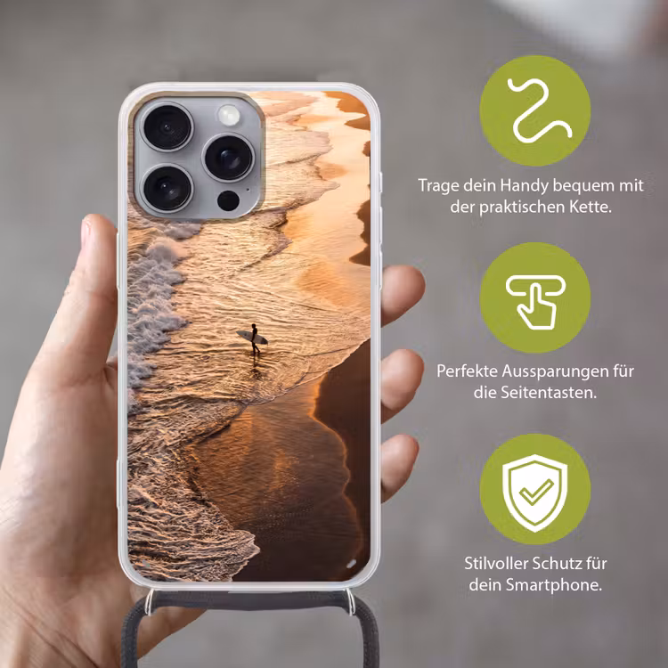 Surfer - Strand - Zonsondergang - Oceaan - Goud Hoesje iPhone 16 Pro Max met koord klein -sfeer2_DE