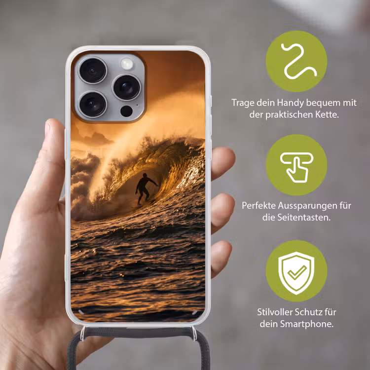 Surfer - Golf - Oceaan - Sport - Oranje Hoesje iPhone 16 Pro Max met koord klein -sfeer2_DE