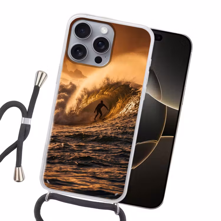Surfer - Golf - Oceaan - Sport - Oranje Hoesje iPhone 16 Pro Max met koord klein -sfeer1