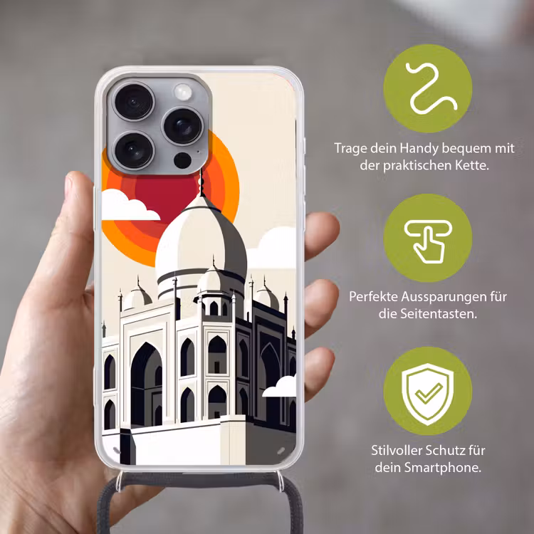 Taj Mahal - Zon - Koepel - Architectuur - India - Grafisch Hoesje iPhone 16 Pro Max met koord klein -sfeer2_DE