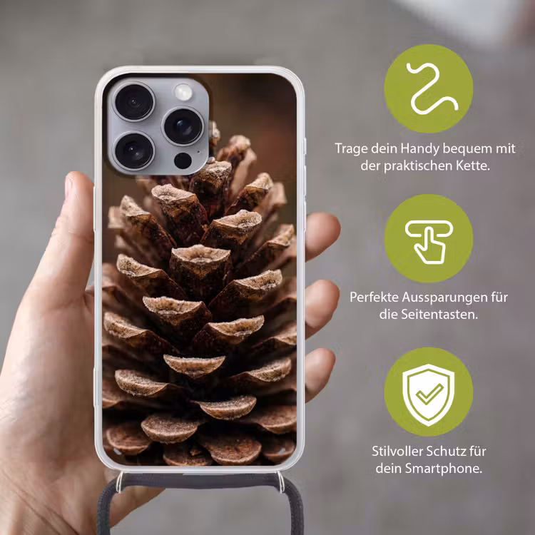 Dennenappel - Bos - Herfst - Bruin - Sfeervol Hoesje iPhone 16 Pro Max met koord klein -sfeer2_DE