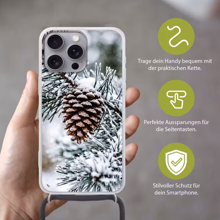 Dennenappel - Tak - Sneeuw - Winter - Sfeervol Hoesje iPhone 16 Pro Max met koord klein -sfeer2_DE