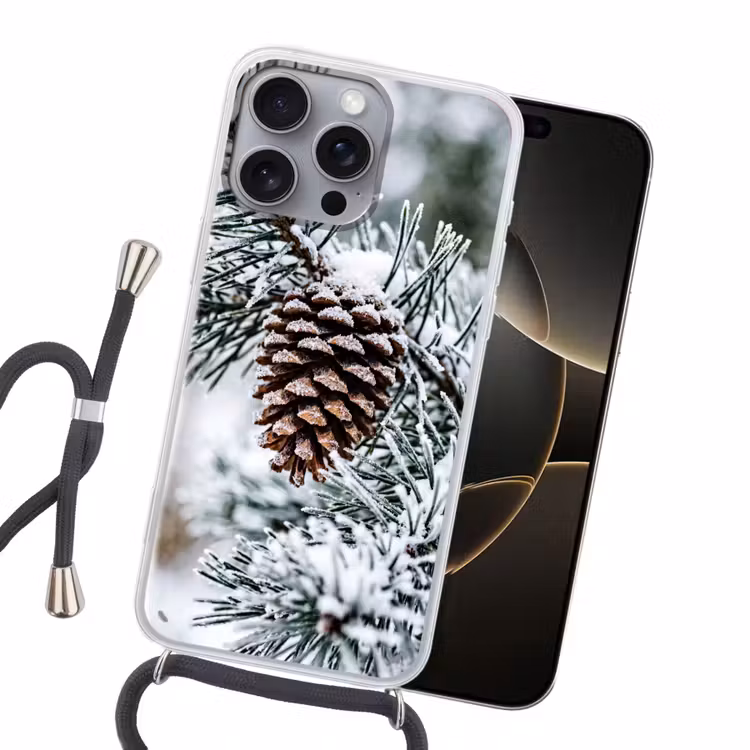 Dennenappel - Tak - Sneeuw - Winter - Sfeervol Hoesje iPhone 16 Pro Max met koord klein -sfeer1