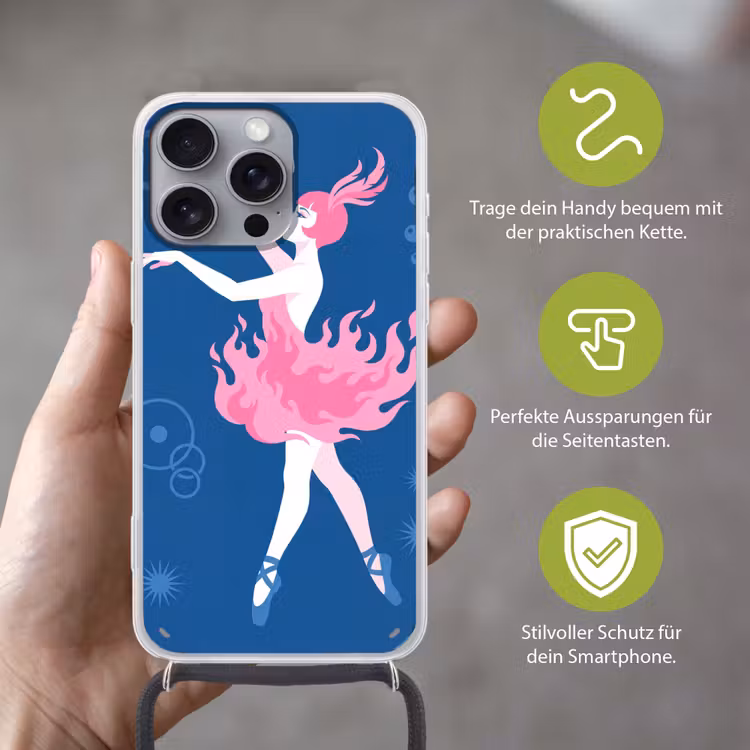 Danseres - Vlammenrok - Abstract - Roze - Blauw Hoesje iPhone 16 Pro Max met koord klein -sfeer2_DE