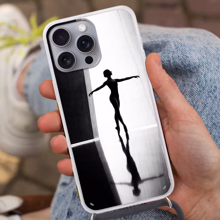 Danser - Silhouette - Kunst - Modern - Zwart-wit Hoesje iPhone 16 Pro Max met koord klein -sfeer3