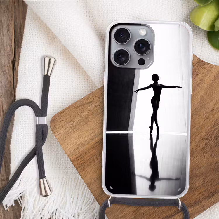 Danser - Silhouette - Kunst - Modern - Zwart-wit Hoesje iPhone 16 Pro Max met koord klein -sfeer4