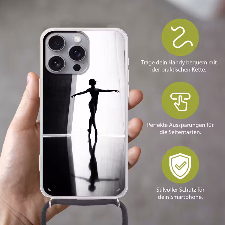 Danser - Silhouette - Kunst - Modern - Zwart-wit Hoesje iPhone 16 Pro Max met koord klein -sfeer2_DE