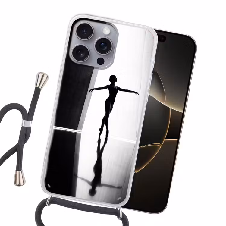 Danser - Silhouette - Kunst - Modern - Zwart-wit Hoesje iPhone 16 Pro Max met koord klein -sfeer1