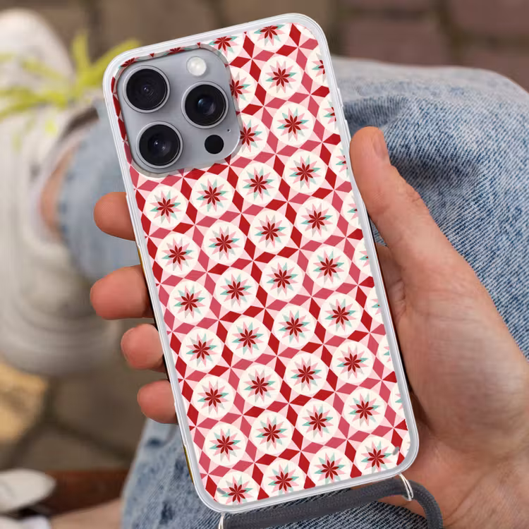 Tegelpatroon - Sterren - Retro - Roze - Mintgroen Hoesje iPhone 16 Pro Max met koord klein 804 -sfeer3