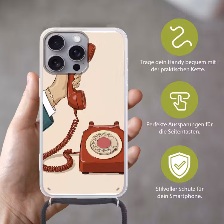 Telefoon - Hand - Vintage - Communicatie - Rood Hoesje iPhone 16 Pro Max met koord klein -sfeer2_DE