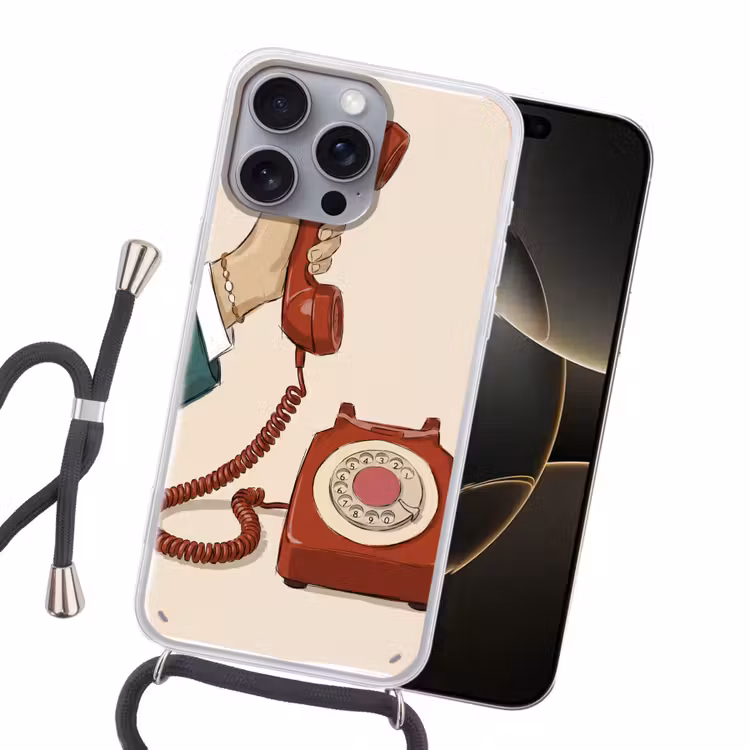 Telefoon - Hand - Vintage - Communicatie - Rood Hoesje iPhone 16 Pro Max met koord klein -sfeer1