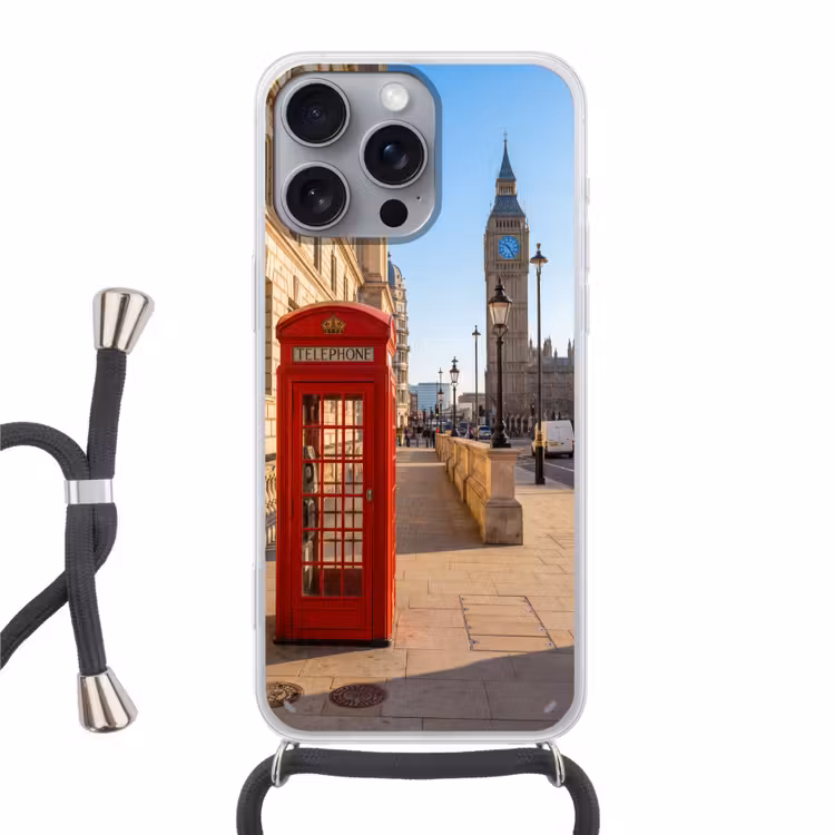 Telefooncel - Rood - Londen - Stad - Architectuur Hoesje iPhone 16 Pro Max met koord klein -3d
