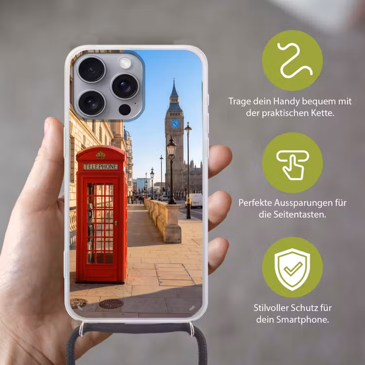 Telefooncel - Rood - Londen - Stad - Architectuur Hoesje iPhone 16 Pro Max met koord klein -sfeer2_DE