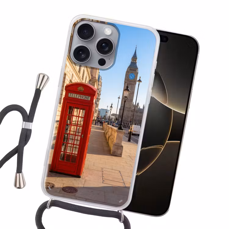 Telefooncel - Rood - Londen - Stad - Architectuur Hoesje iPhone 16 Pro Max met koord klein -sfeer1