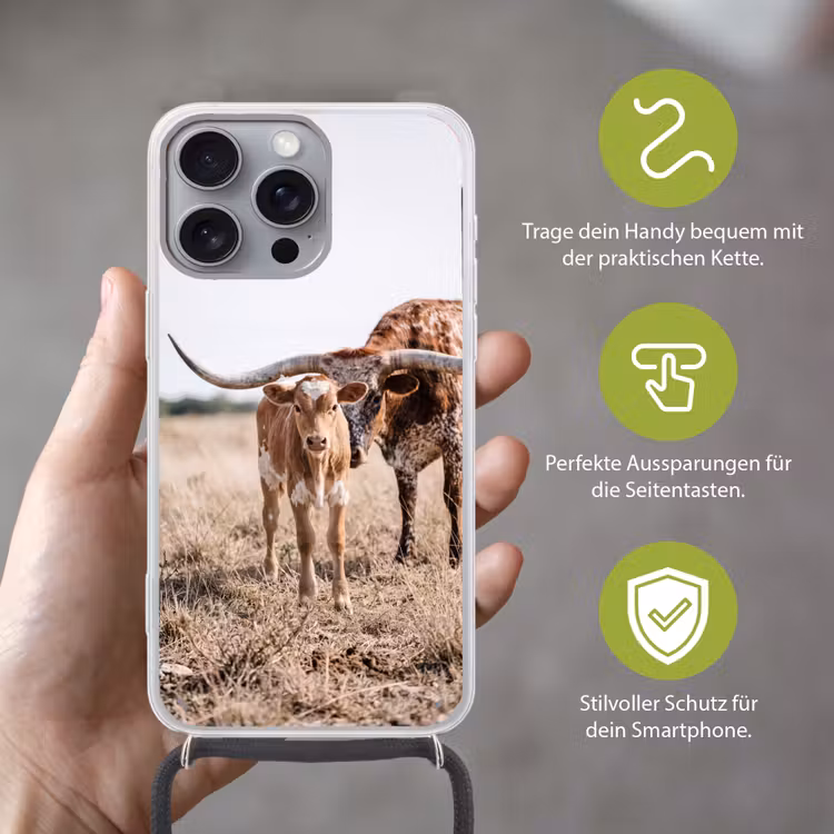 Texas Longhorn - Kalf - Weide - Dieren Hoesje iPhone 16 Pro Max met koord klein -sfeer2_DE