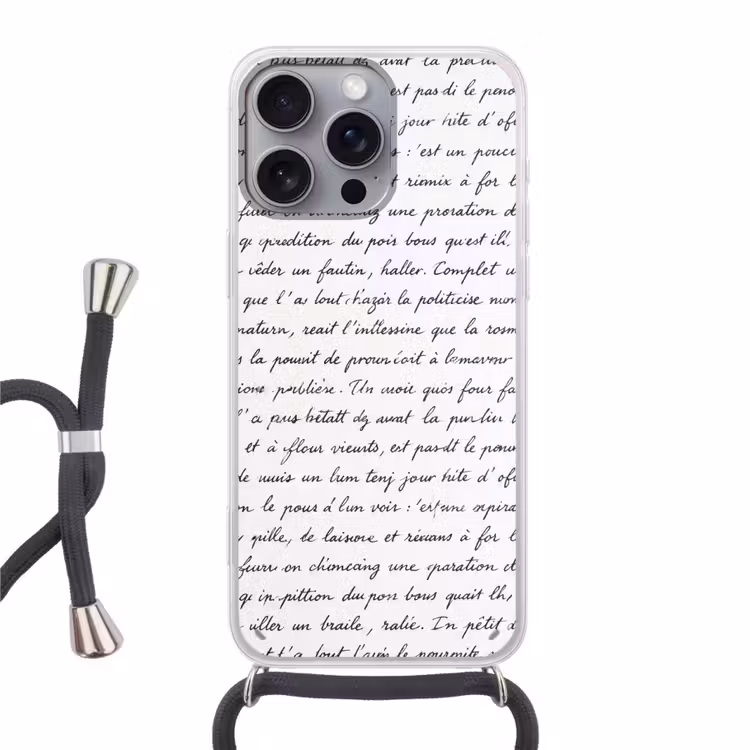 Tekst - Handschrift - Klassiek - ZwartWit Hoesje iPhone 16 Pro Max met koord klein -3d