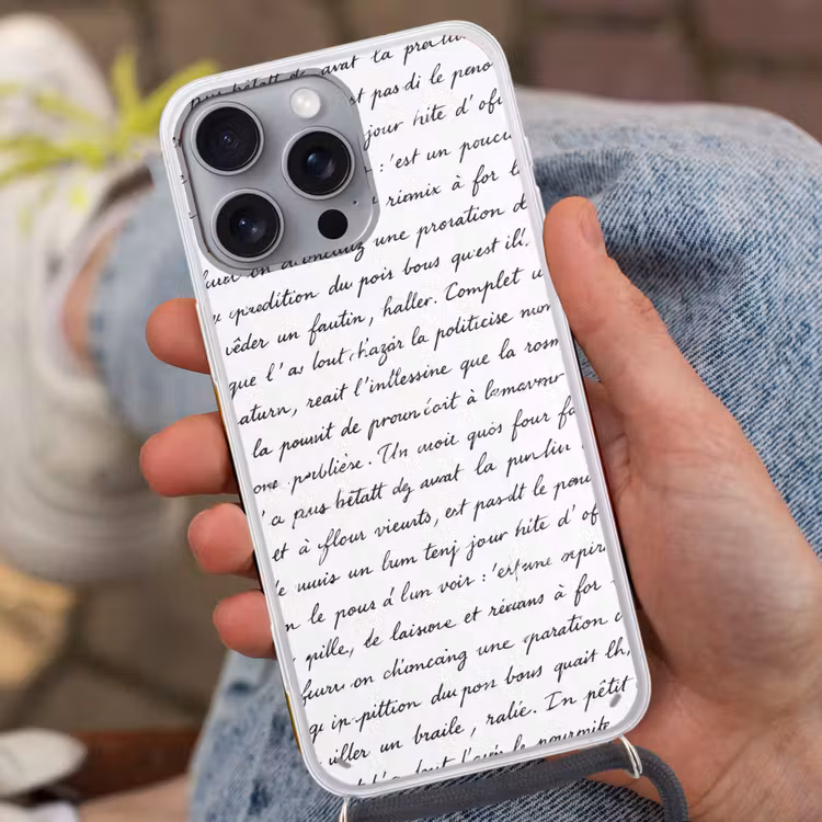 Tekst - Handschrift - Klassiek - ZwartWit Hoesje iPhone 16 Pro Max met koord klein -sfeer3