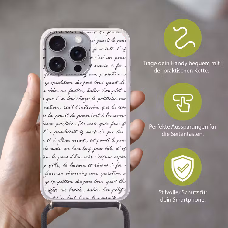 Tekst - Handschrift - Klassiek - ZwartWit Hoesje iPhone 16 Pro Max met koord klein -sfeer2_DE