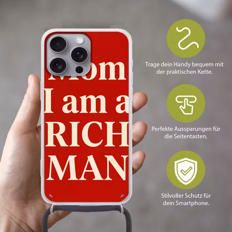 Tekst - Rijkdom - Motivatie - Rood - Modern Hoesje iPhone 16 Pro Max met koord klein -sfeer2_DE