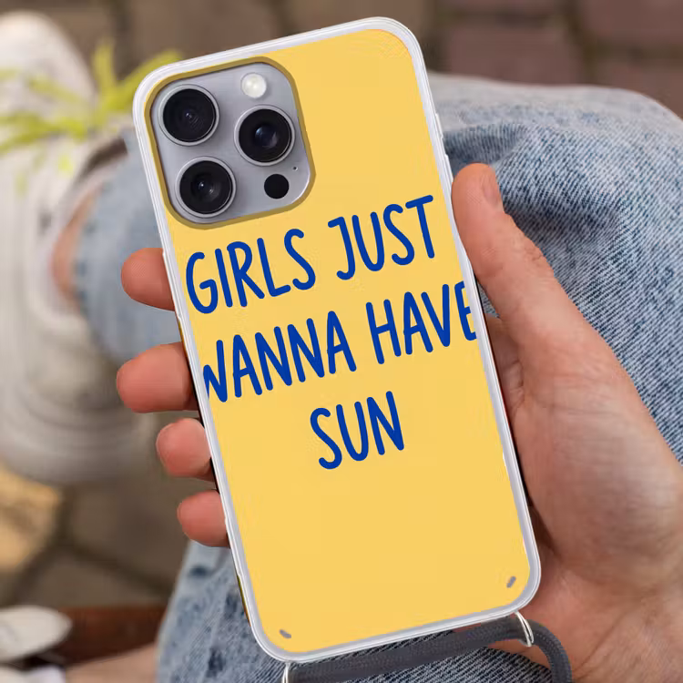 Tekst - Zon - Zomer - Modern - Geel Hoesje iPhone 16 Pro Max met koord klein -sfeer3