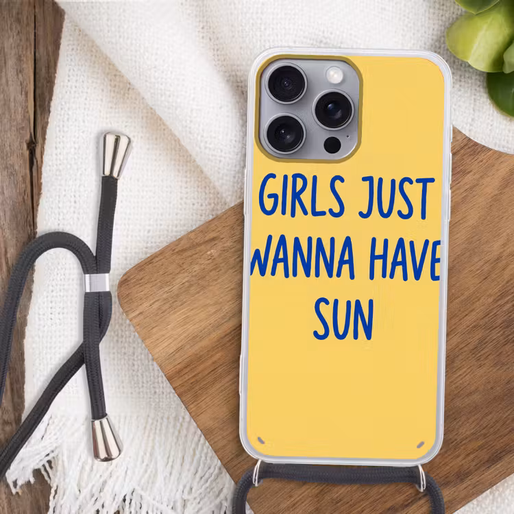 Tekst - Zon - Zomer - Modern - Geel Hoesje iPhone 16 Pro Max met koord klein -sfeer4