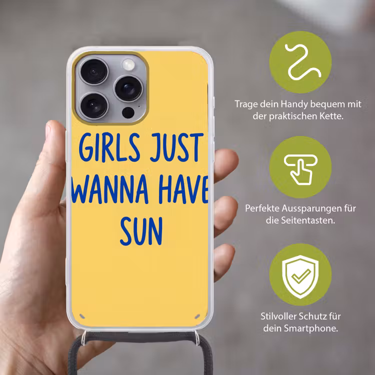 Tekst - Zon - Zomer - Modern - Geel Hoesje iPhone 16 Pro Max met koord klein -sfeer2_DE
