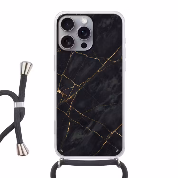 Textuur - Gouden lijnen - Abstract - Modern - Zwart Hoesje iPhone 16 Pro Max met koord klein -3d