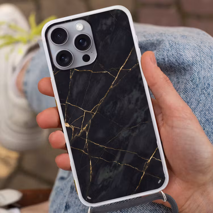 Textuur - Gouden lijnen - Abstract - Modern - Zwart Hoesje iPhone 16 Pro Max met koord klein -sfeer3